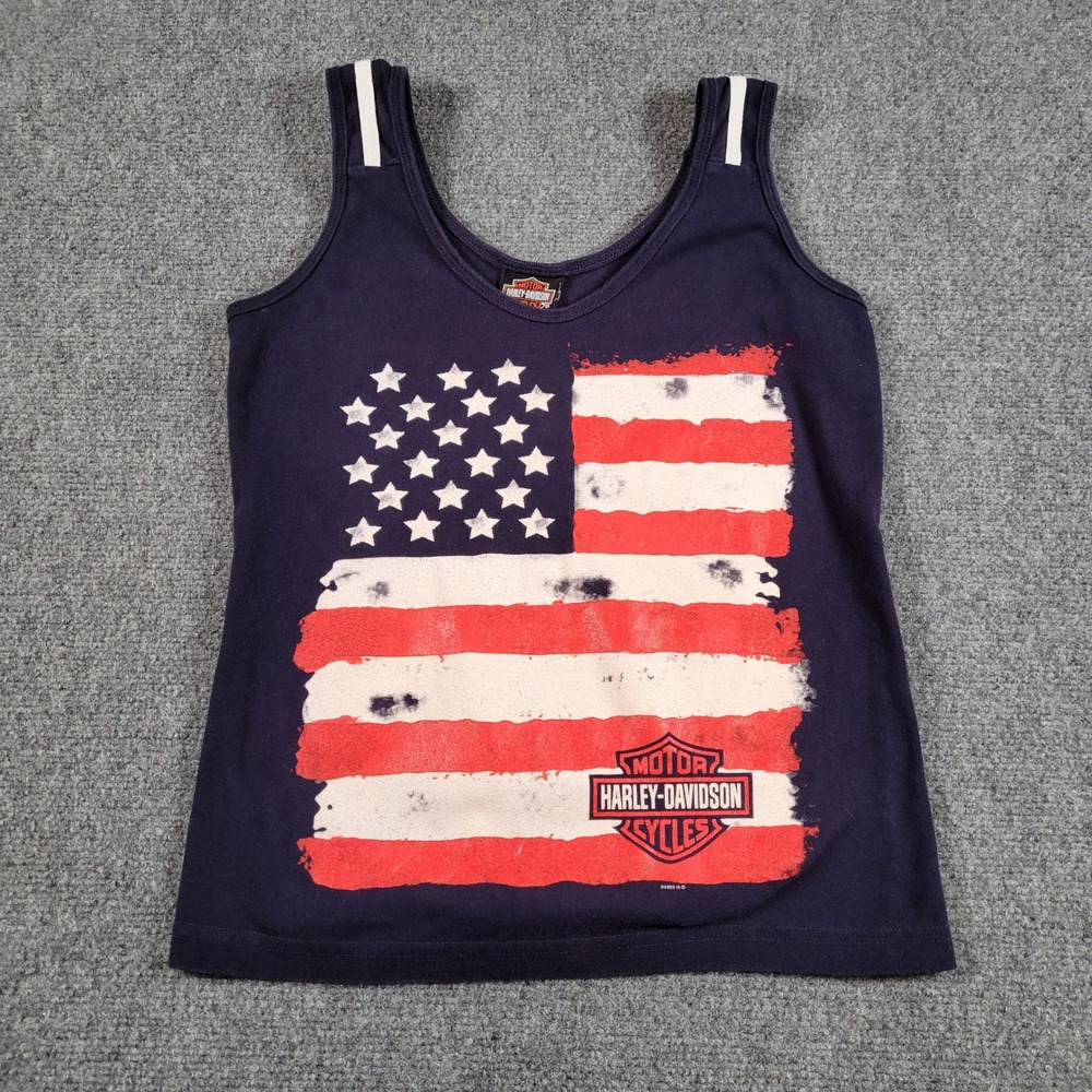 Harley-Davidson Tank Top Womens M Navy Blue American Flag House of Thunder USA